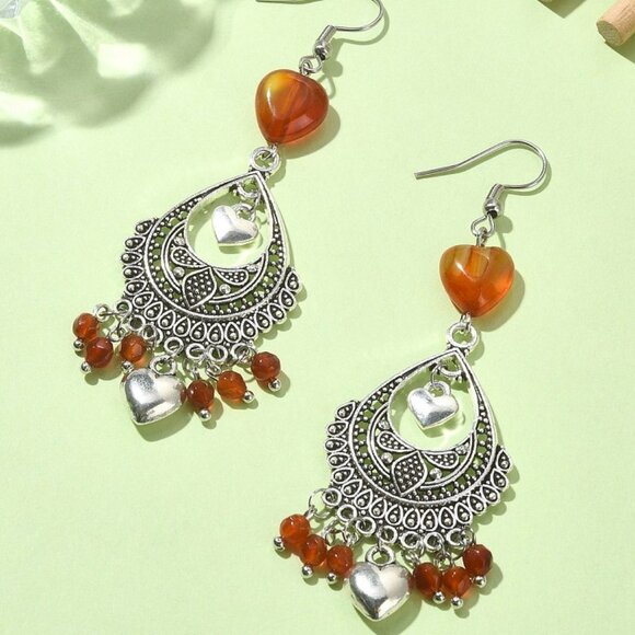 NWOT Natural Red Agate & Hearts Drop Dangle Chandelier Boho Gypsy Earrings 2/$20 - Picture 1 of 3